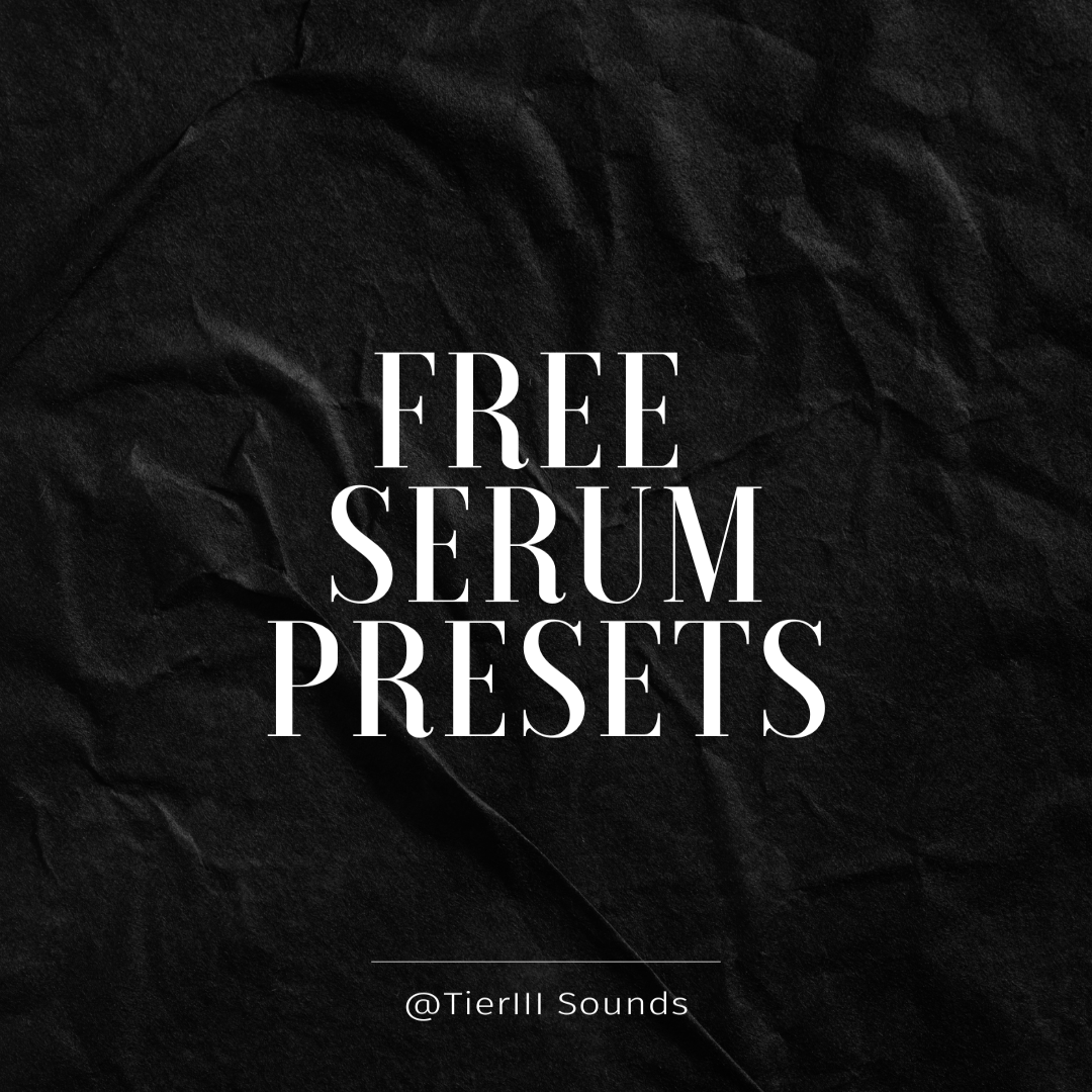 Promotional image for Free Serum Presets with the text 'FREE SERUM PRESETS' in white caps on a black background, indicating a resource for music production software.