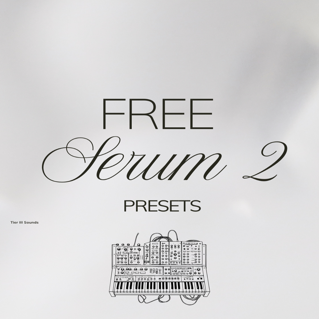 Promotional graphic for 'Free Serum2 Presets' featuring text and a simplified representation of a keyboard synthesizer.