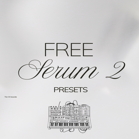 Promotional graphic for 'Free Serum2 Presets' featuring text and a simplified representation of a keyboard synthesizer.